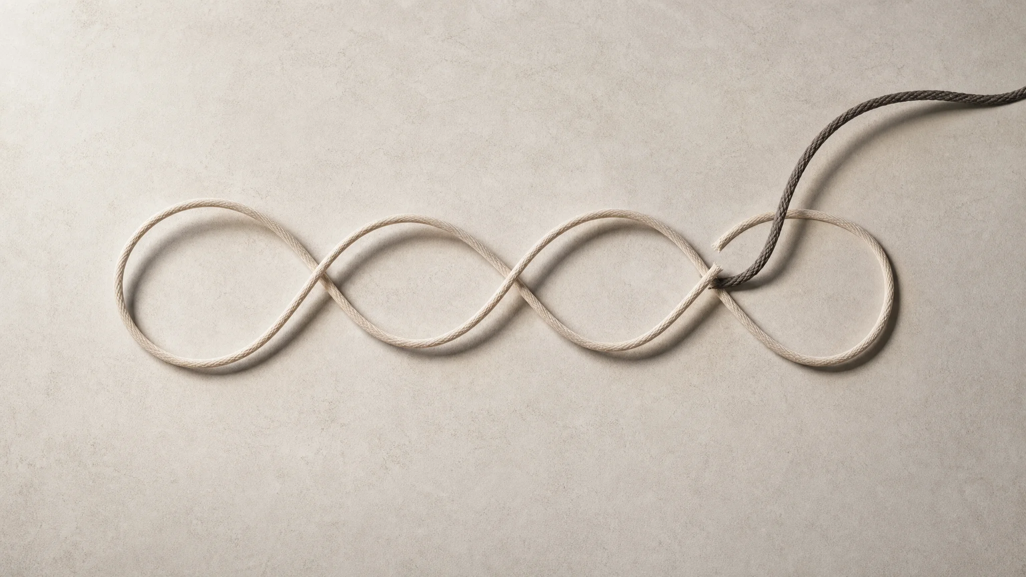 Overhead view of a looping cord repeating in a figure-eight pattern on a neutral surface, interrupted at one point by a second thread crossing in from outside the frame.