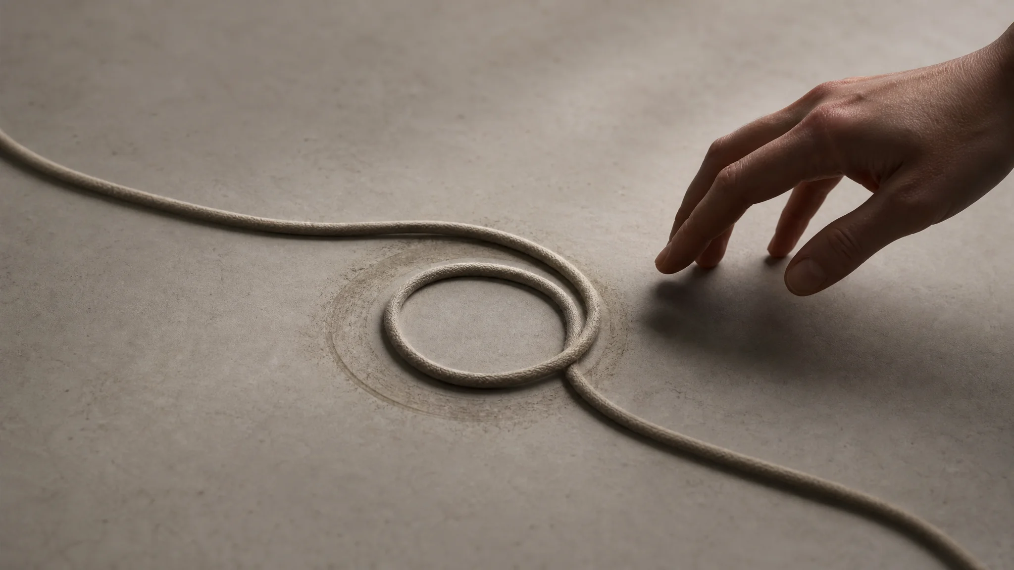 Overhead view of a cord coiled into a worn, repeated loop on a table, with a hand poised nearby but not yet touching it.