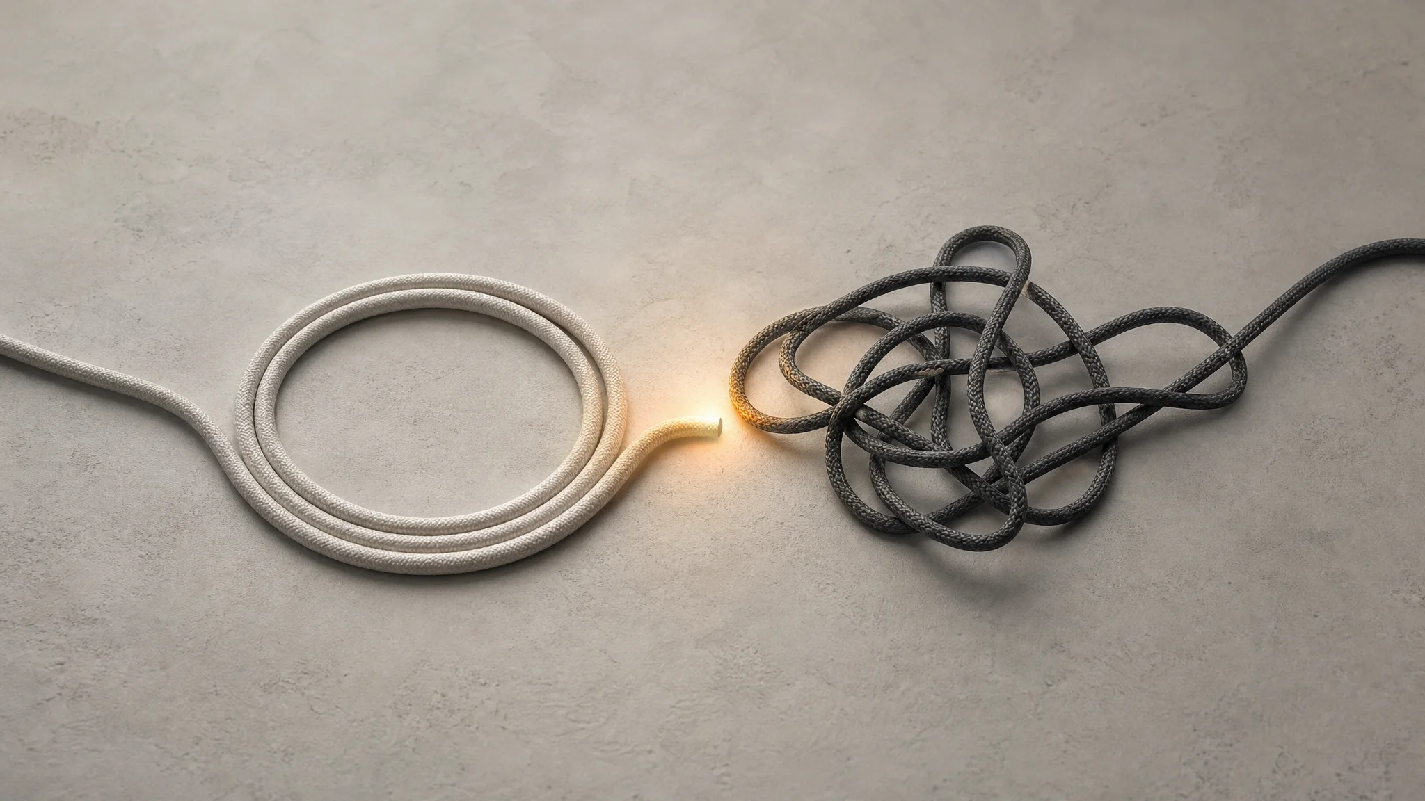 Two looping cords on a neutral surface, one calmly coiled and one taut and tangled, nearly touching but not connected.