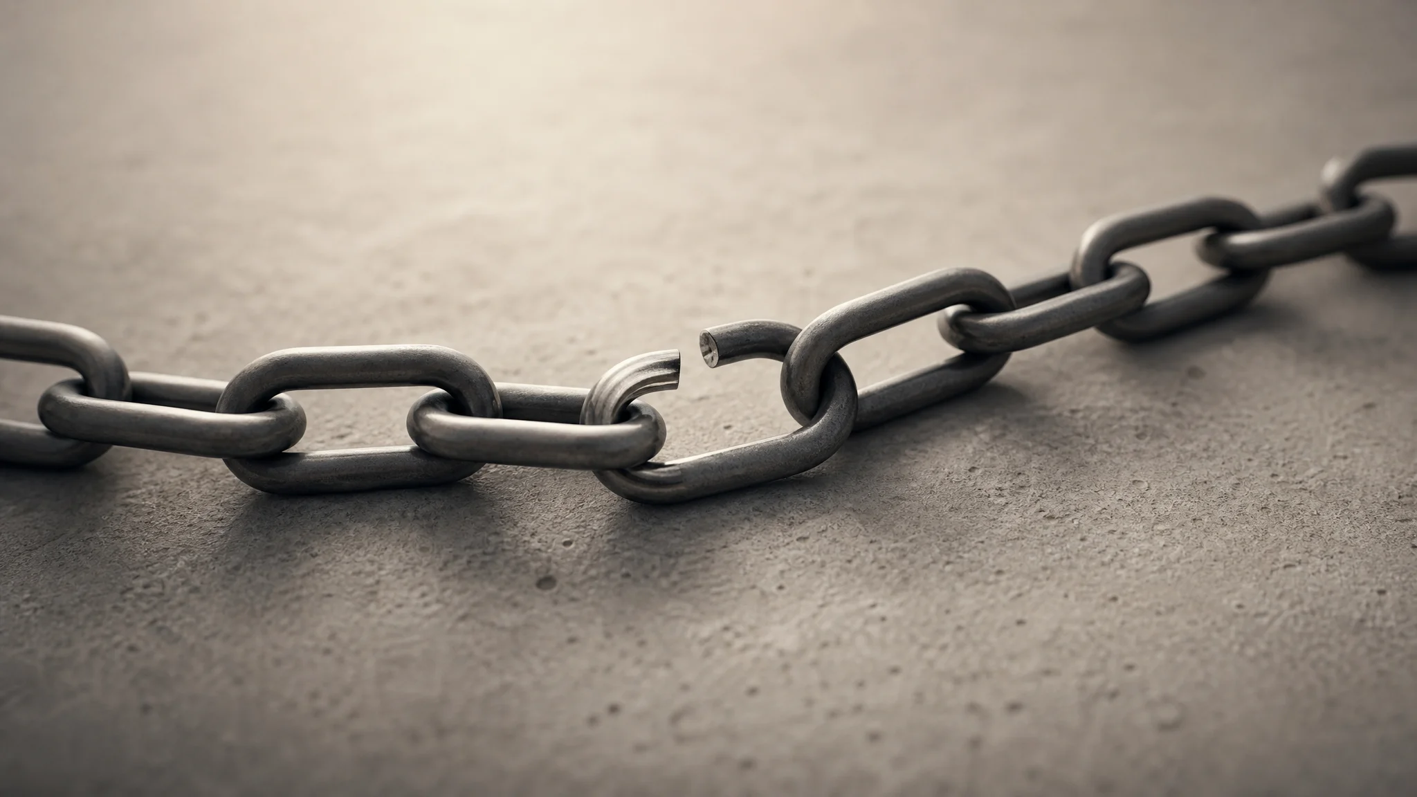 A metal chain with one link slightly open, letting light through, while the surrounding links stay closed and continuous.