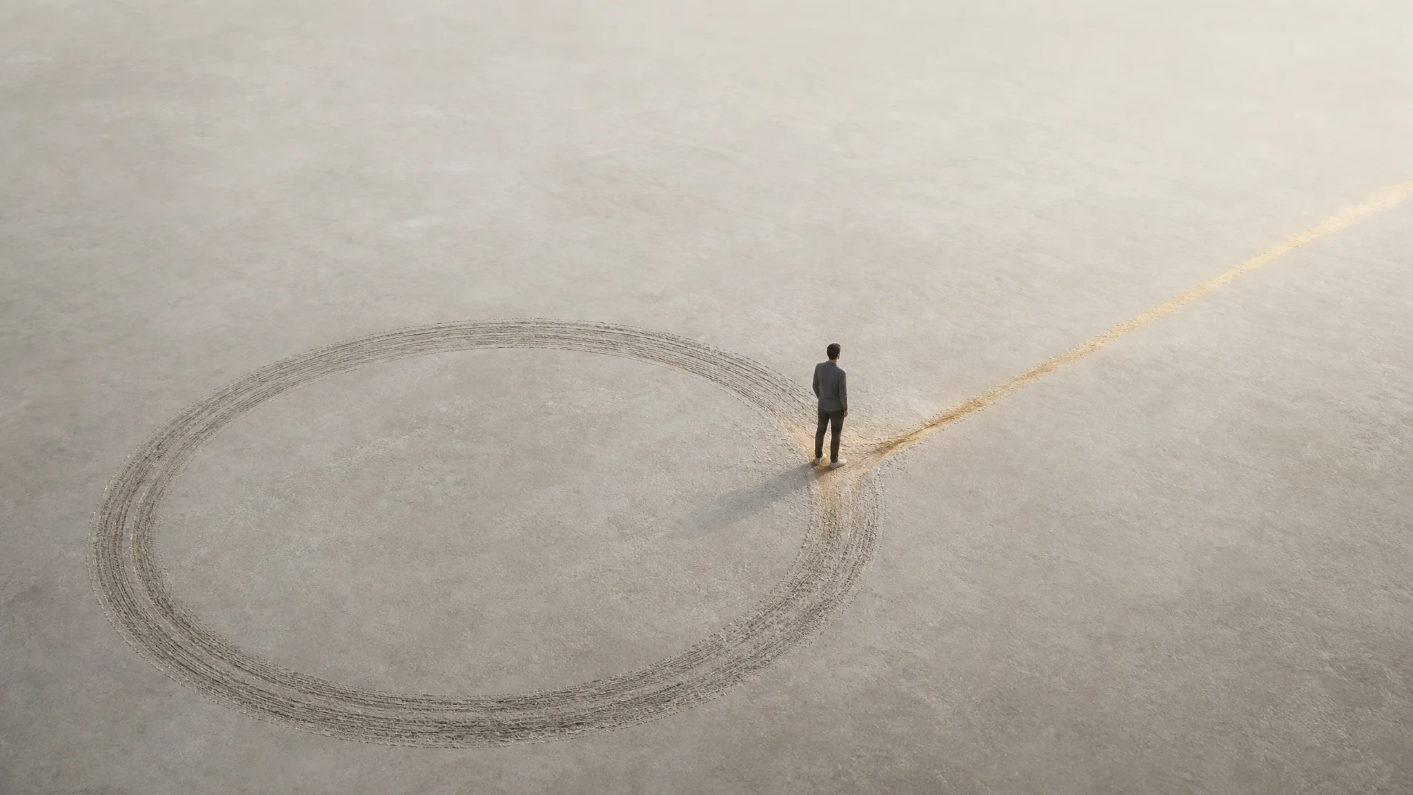 A person stands at a break in a worn circular groove on the ground, where the looping path forks into a new, straighter direction across open space.
