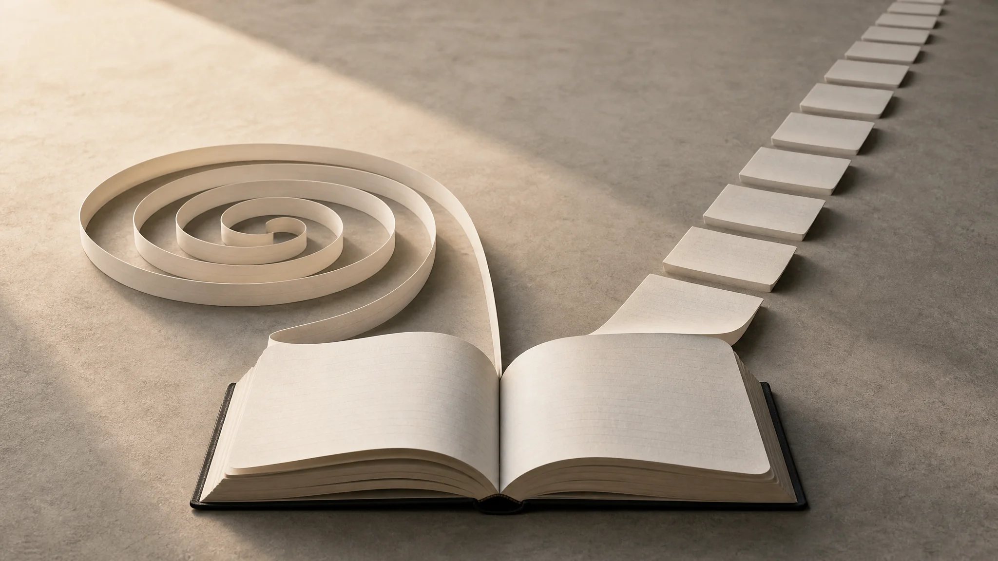 An open journal on a neutral desk with its pages splitting into two paths: one curling into a spiral of loops, the other extending as a straight line of stepping stones.