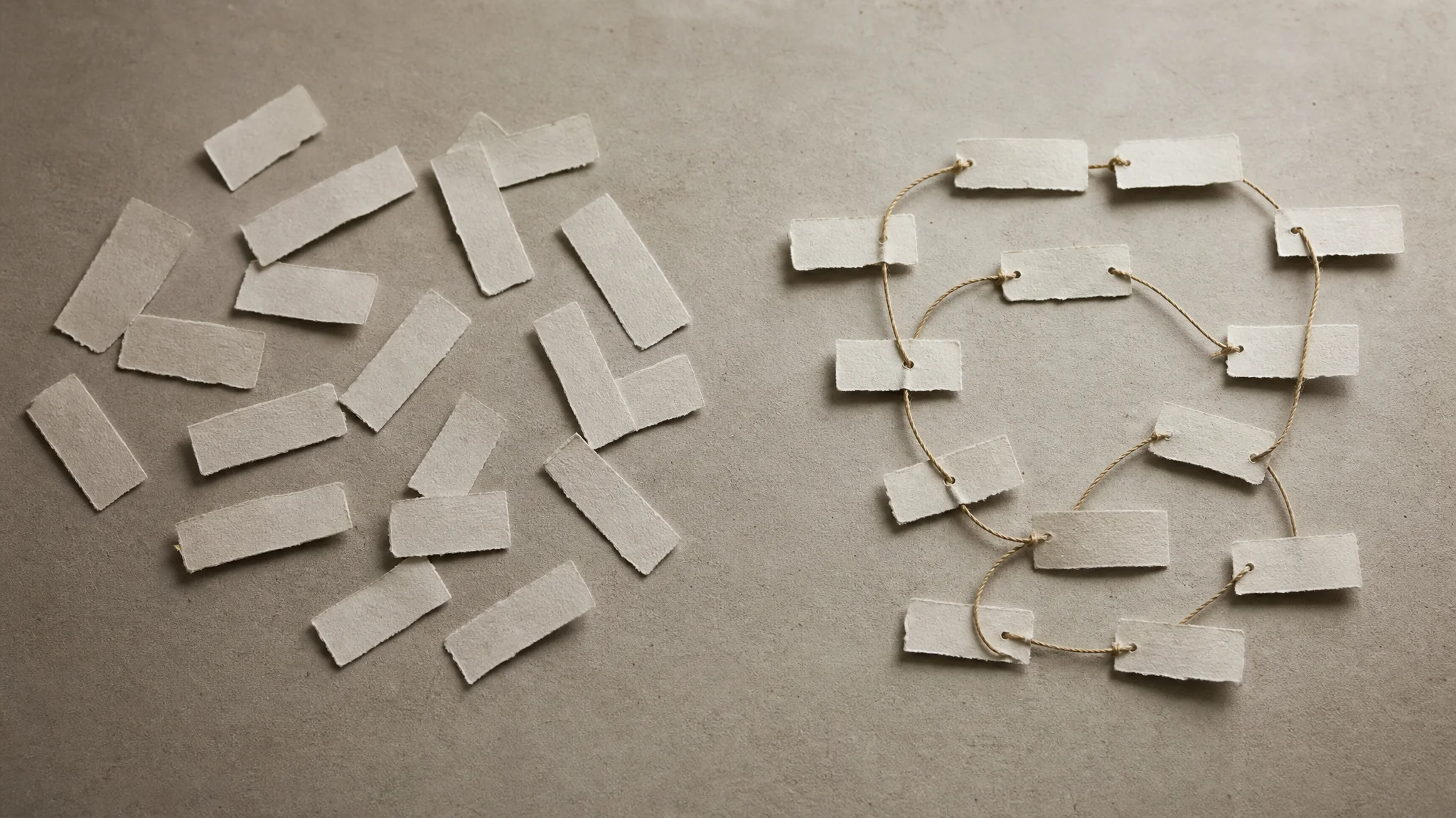 Loose paper strips scattered on one side and similar strips subtly connected by a single thread forming a faint loop shape on the other, symbolizing scattered daily notes versus a revealed underlying pattern.