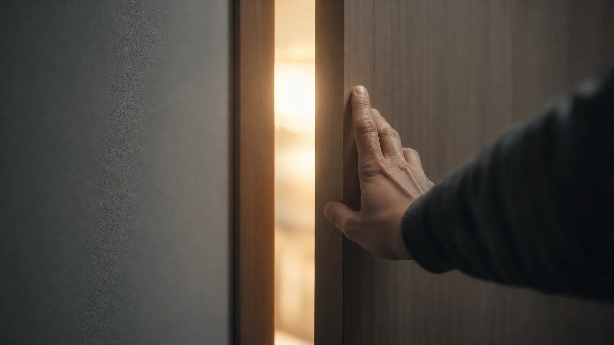 A hand pushes open a slightly ajar door, with warm light spilling through the narrow gap into a dim, still room.