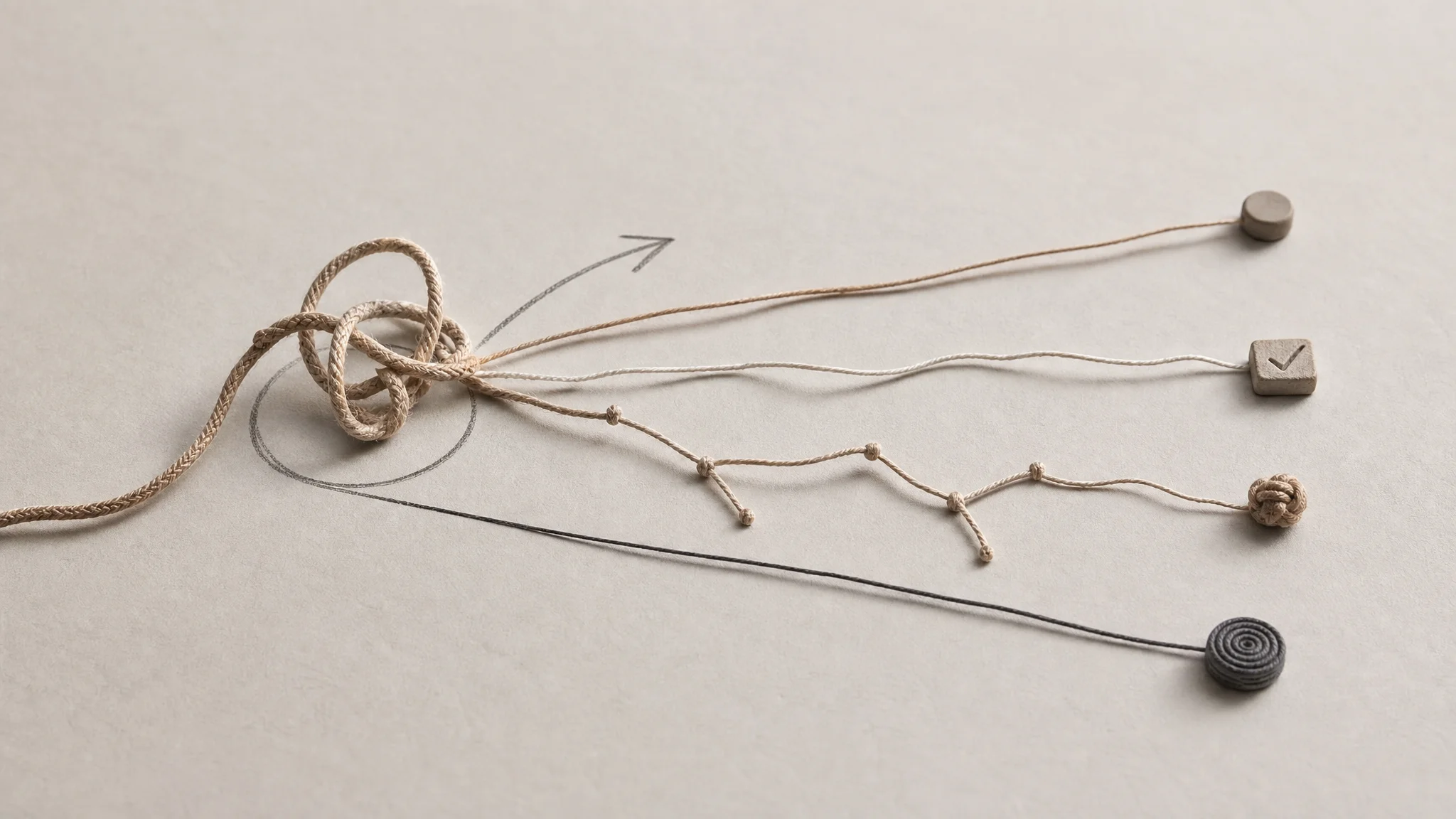 Several distinct threads—one knotted, one straight, one branching—laid across a neutral surface, with a faint pencil line tracing the knotted thread's pattern.
