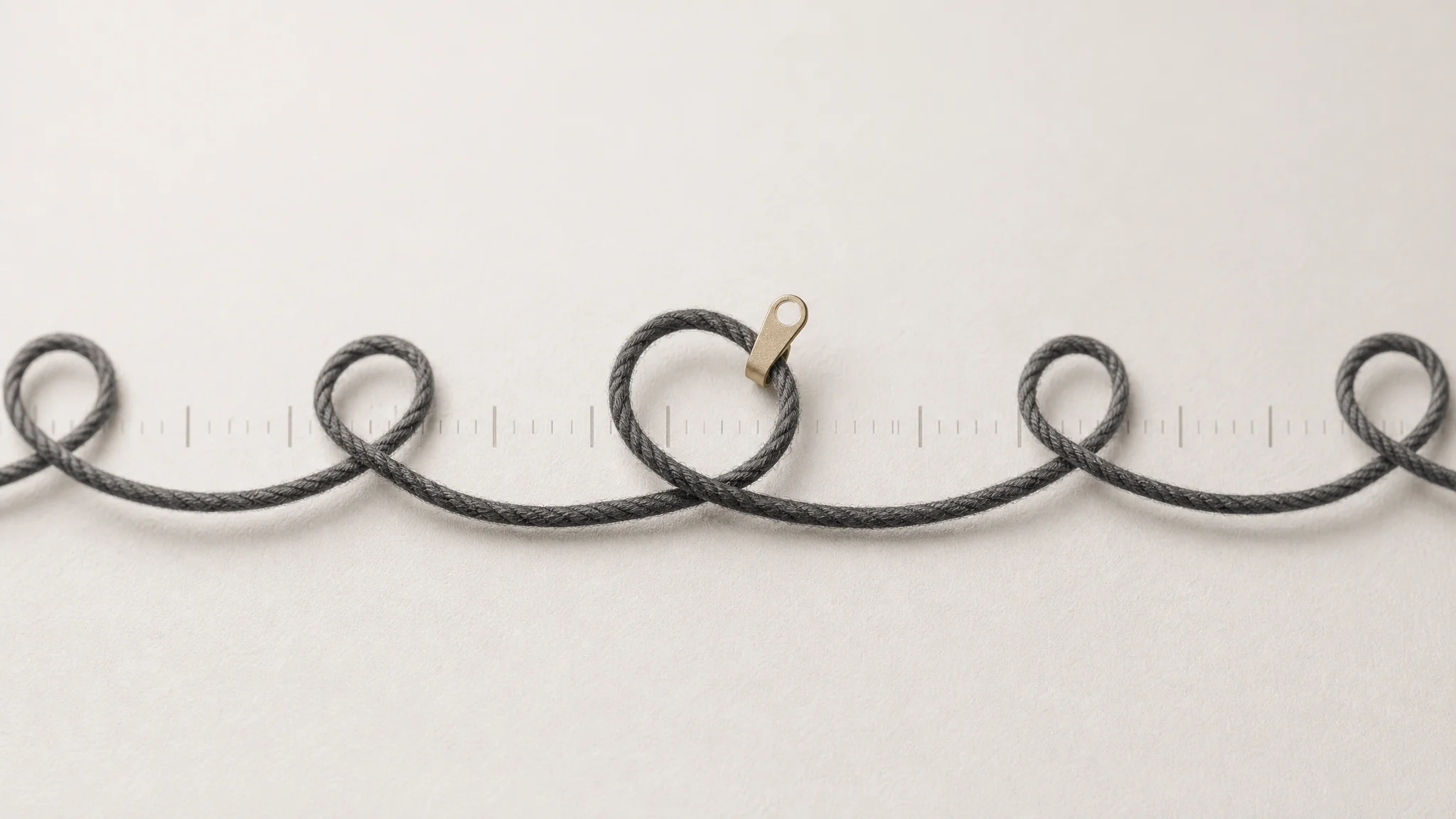 A single thread coils into the same recurring loop across a timeline, with a small marker attached at the point where the loop repeats.