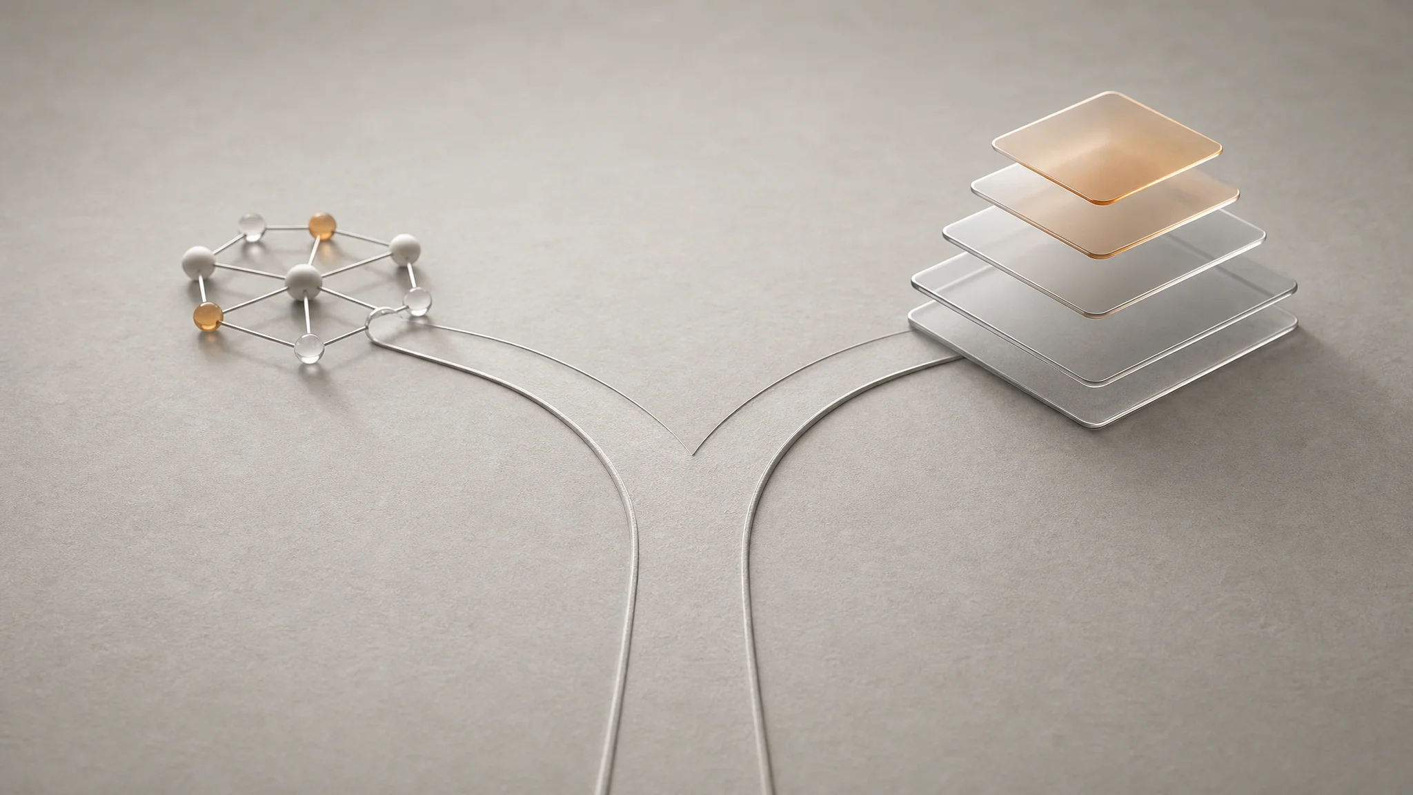 Abstract overhead illustration of a single path forking into two routes, marked by a small interconnected node cluster on one side and a larger layered stack on the other, symbolizing a choice between two differently scaled systems.