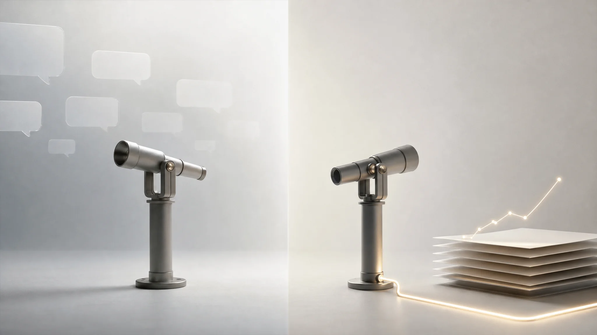 Two abstract observation instruments side by side; the left points only toward distant speech-bubble shapes, while the right connects via a glowing line to stacked paper layers and a rising trend line.