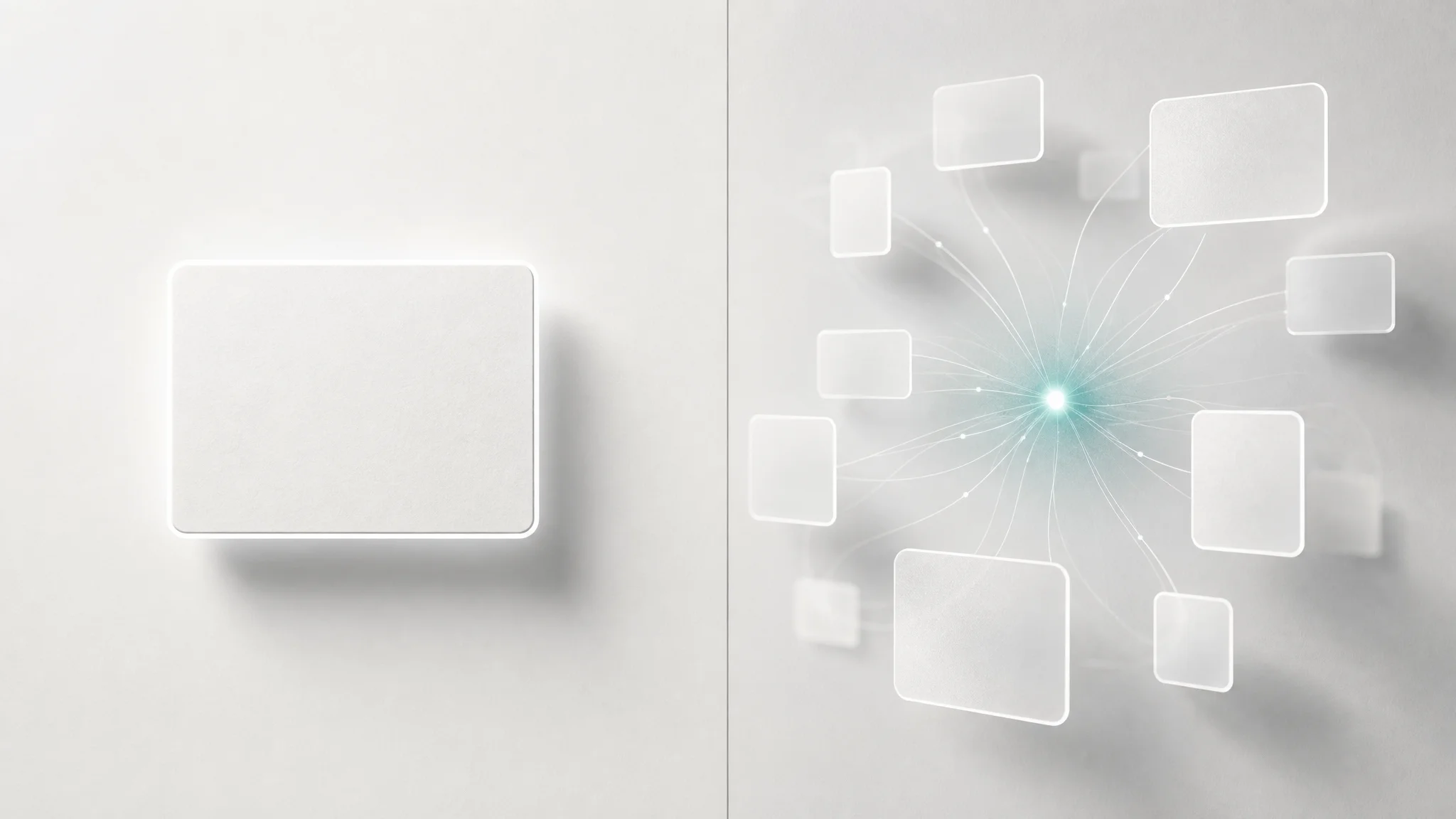 Abstract split image: one isolated card on the left representing a single direct answer, and a cluster of overlapping translucent cards connected by faint threads on the right representing multiple sources merging into one synthesized response.