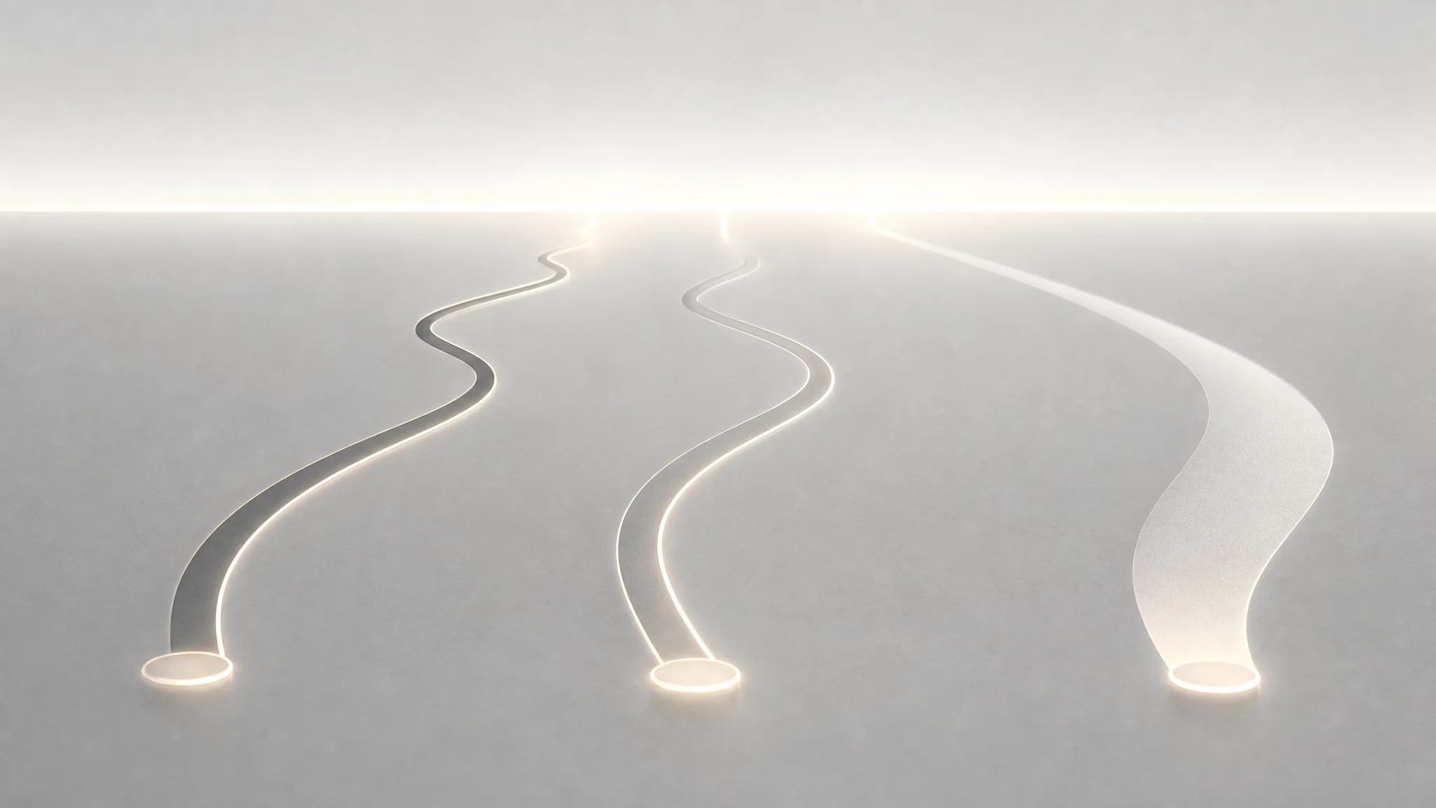 Three thin light-trail paths of different lengths extend from small starting points toward a glowing horizon, symbolizing different timeframes for content to surface.