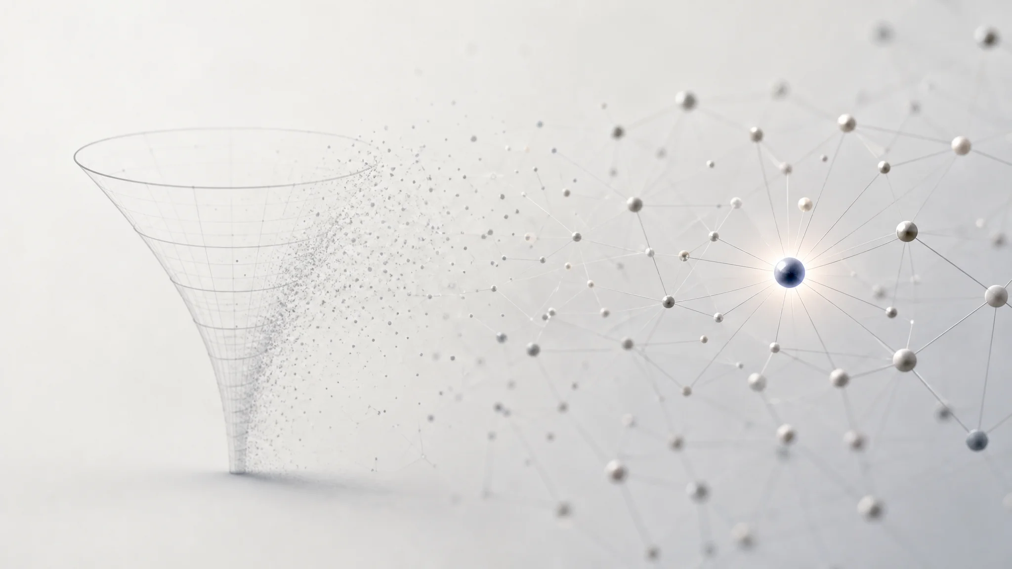 Abstract illustration of a faint dissolving funnel shape transitioning into a network of connected nodes, with one node glowing brighter than the rest, symbolizing brand trust forming within an AI answer network rather than through a linear click funnel.