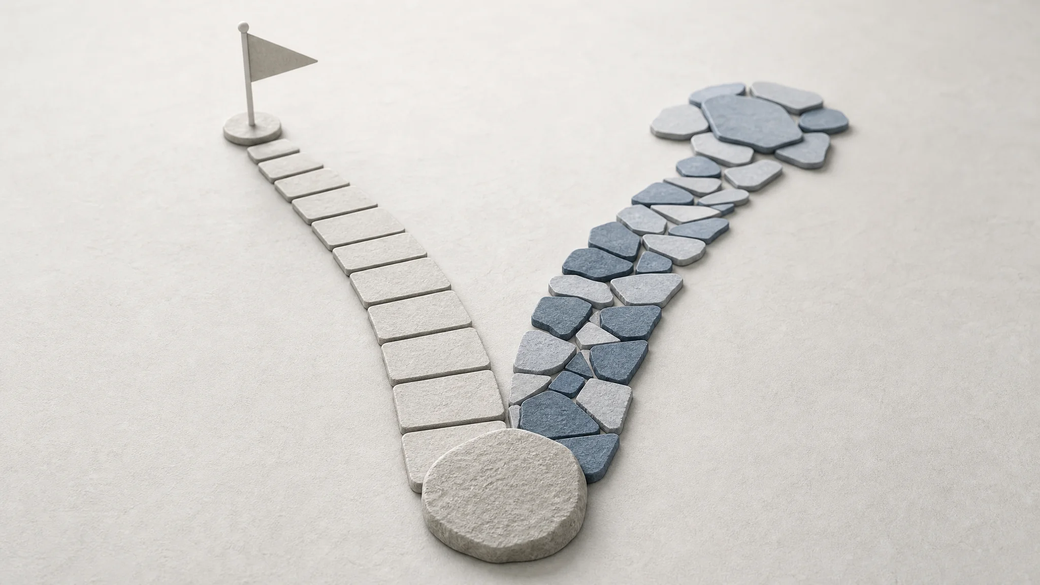 An overhead view of a single stone path splitting into two forks—one paved with uniform tiles, the other with overlapping irregular fragments—on a neutral gray surface.