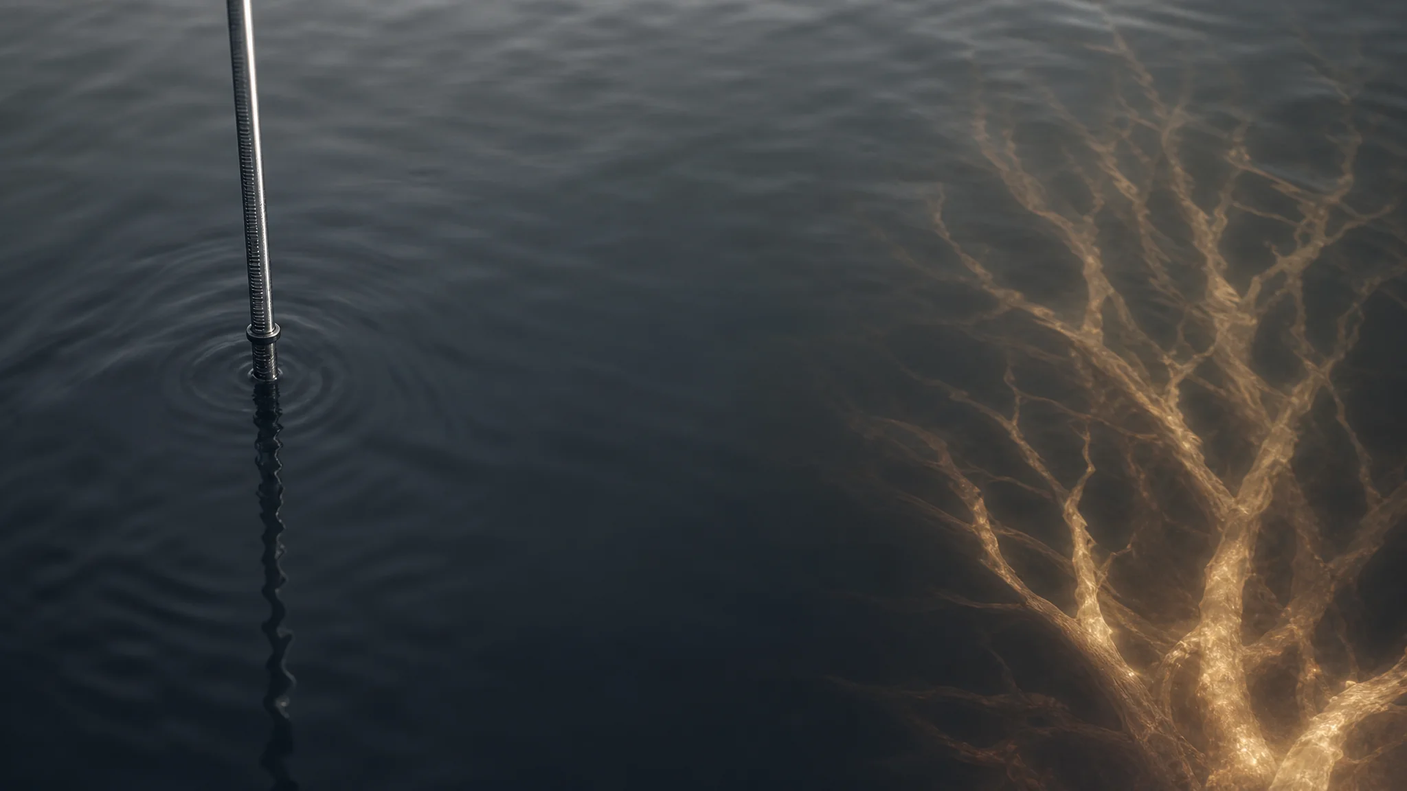 Overhead view of dark water with a measuring rod on one side and a faint glowing root structure beneath the surface on the other, the two never touching.