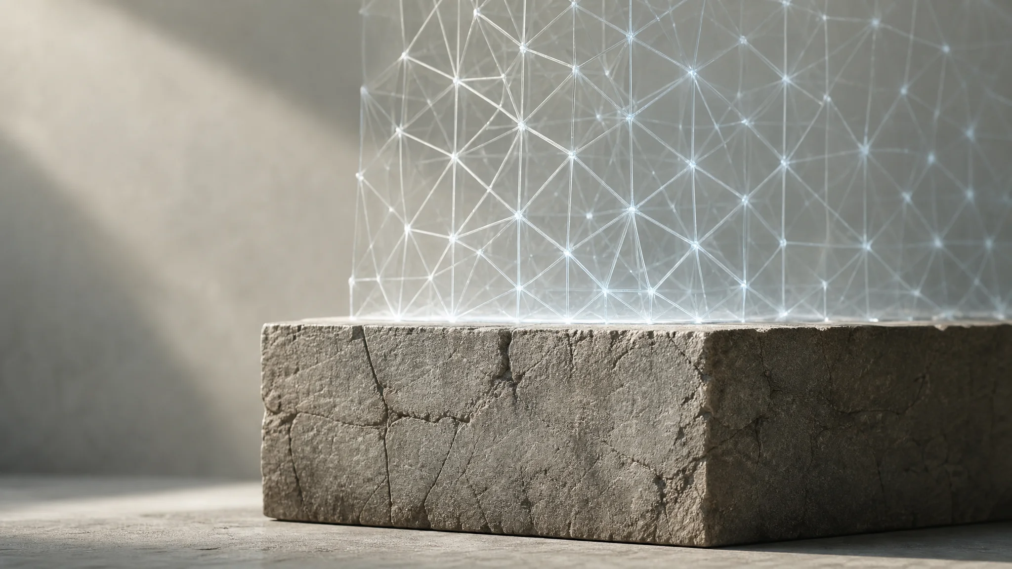 A weathered stone foundation block with a translucent glowing lattice structure rising from its top, set against soft neutral lighting and open negative space.