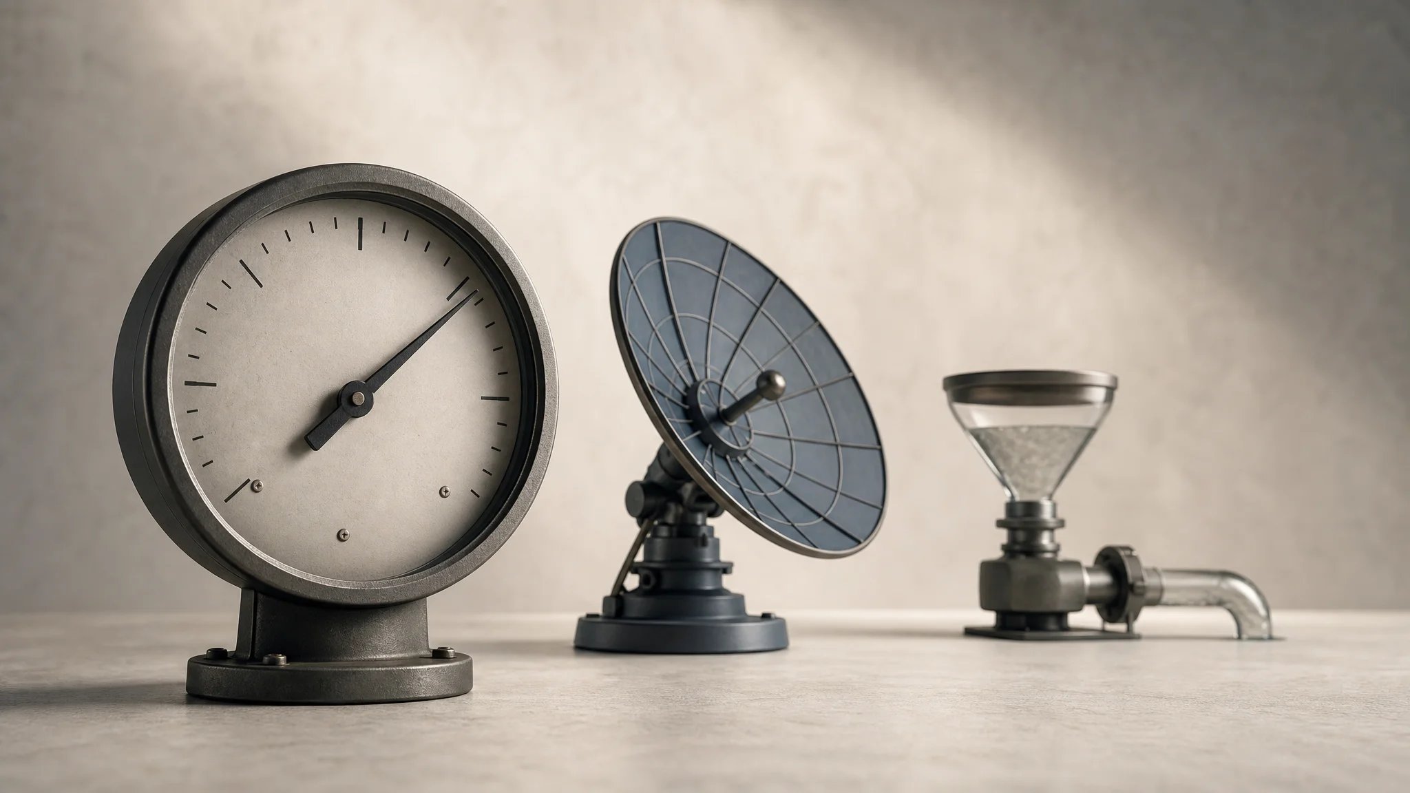 Three separate analog measuring instruments—a gauge, a small antenna, and a flow meter—arranged diagonally on a neutral tabletop under soft directional light.